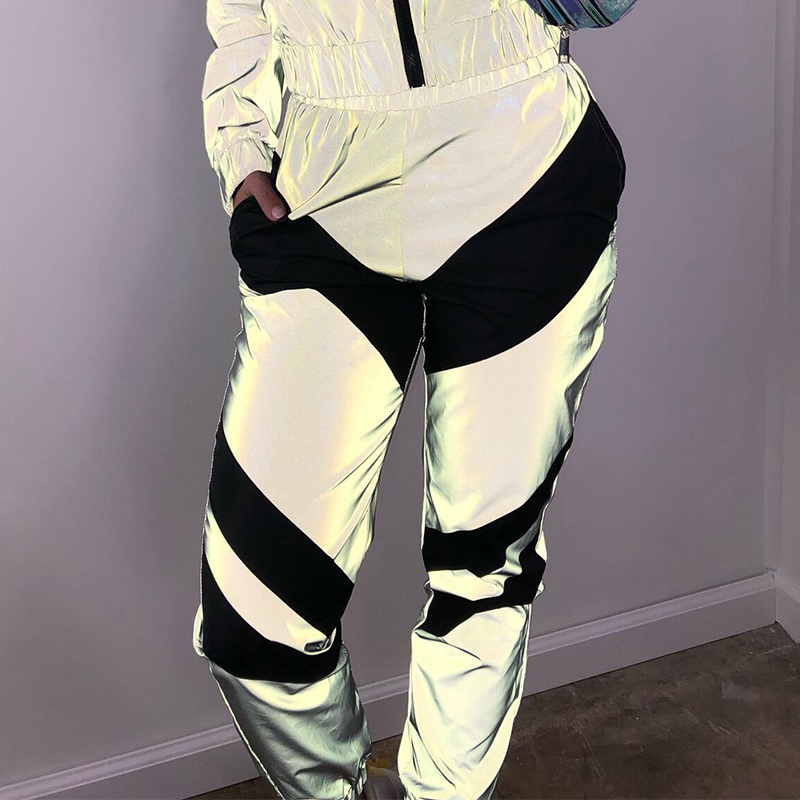 Autumn High Streetwear Reflective Clothing Casual Ladies Trendy Luminous Turndown Collar Jacket And Long Pants: Black pants / XXL