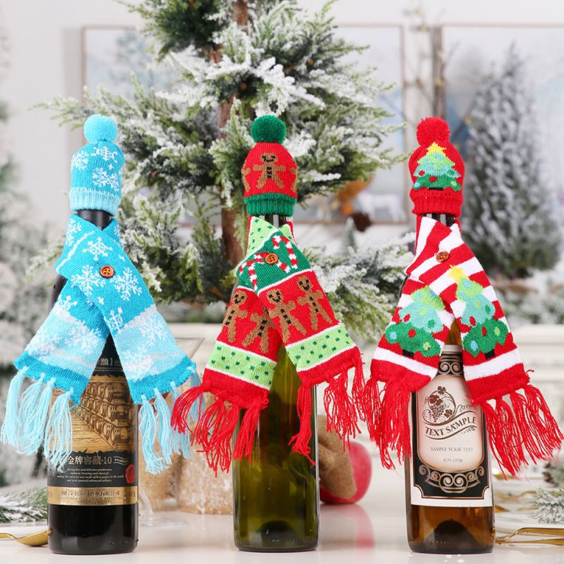 Knitted Ugly Sweater Christmas Wine Bottle Cover Set Scarf And Hat For Xmas Dining Table Decor Wrapping