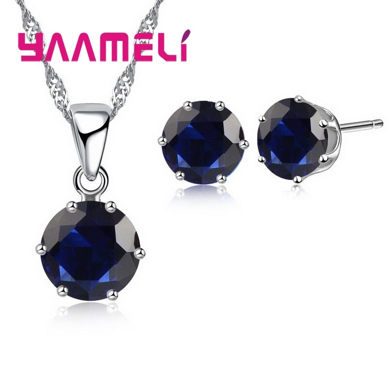 925 Sterling Zilveren Bruids Bruiloft Sieraden Sets Voor Vrouwen Engagement Crystal Hanger Ketting Oorbellen Set: Royal blue