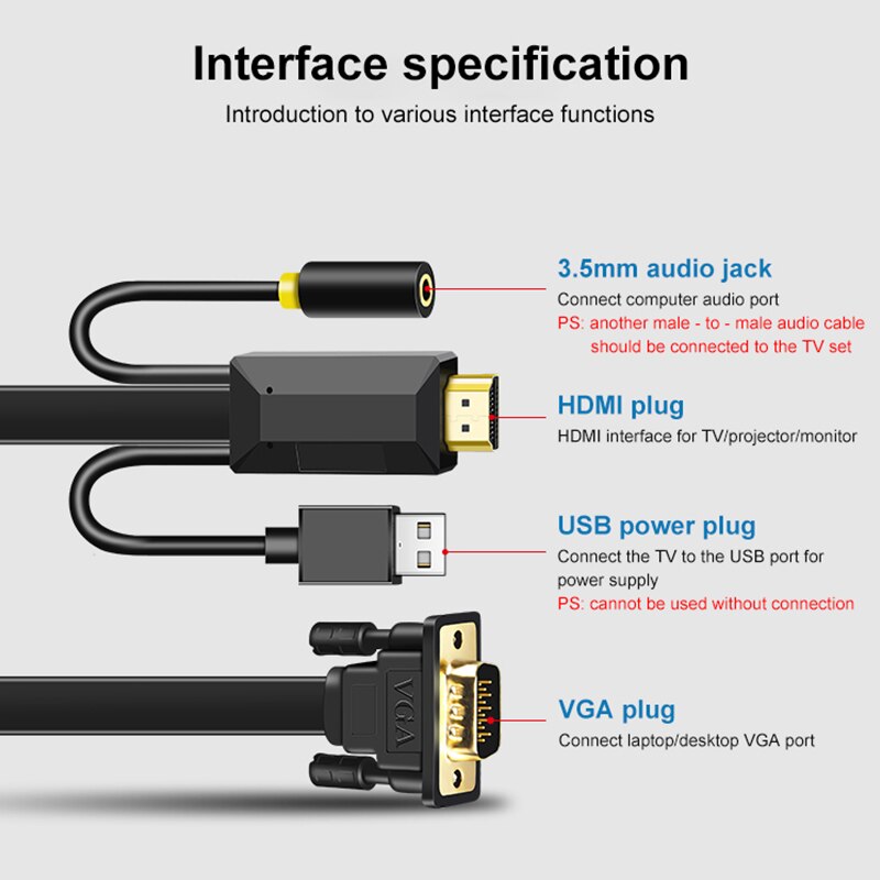 VGA zu HDMI Kabel Konverter Kabel 1M 1080P HD Stecker auf Stecker AUX VGA HDMI Konverter Kabel für Laptop PC HDTV Monitor VGA vers HDMI