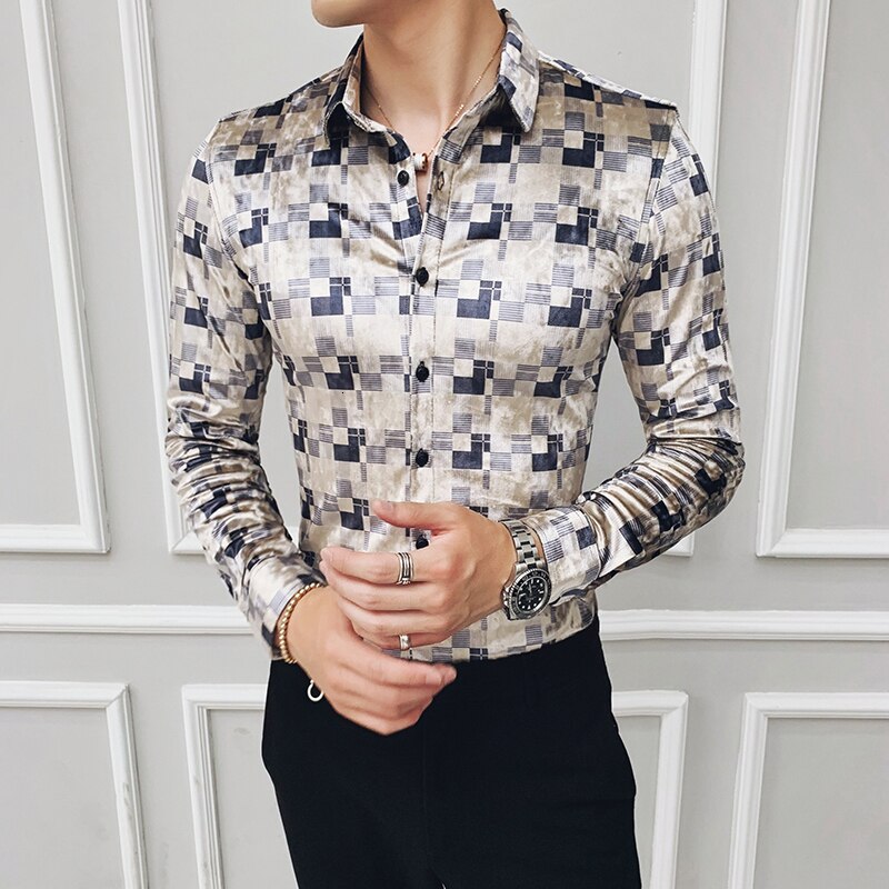Ternet fløjlsskjorter plaid camisa hombre slim fit mænd street wear retro herre casual skjorter bomuld business kontor skjorte