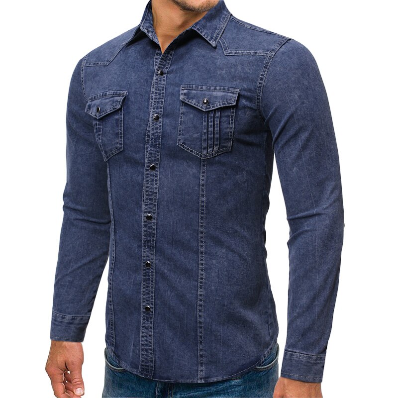 Casual jeansskjorta herr slim fit långärmad 100%  bomull vintage distressed solid skjorta manligt märkeskläder