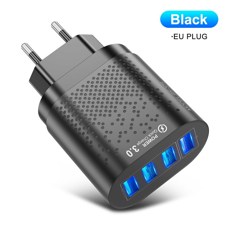 KSTUCNE 48W 4 Ports LED Quick Charge 3.0 USB Charger Fast Charging Wall Charger Adapter For Samsung Xiaomi Mobile Phone Charger: EU Plug Black