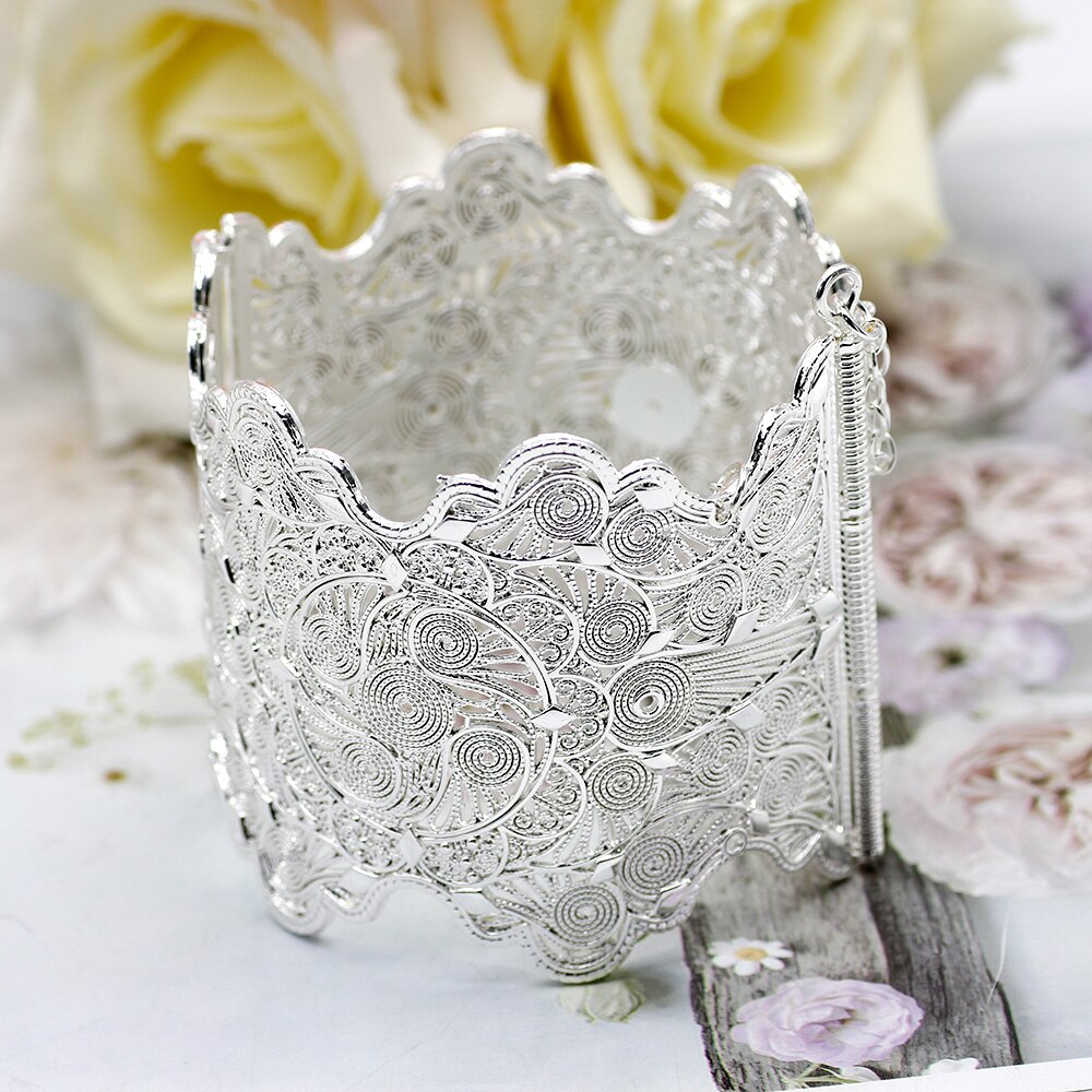 Sunspicems-brazalete con borde ondulado para mujer, brazalete grande con flor hueca, Color dorado, joyería marroquí para boda