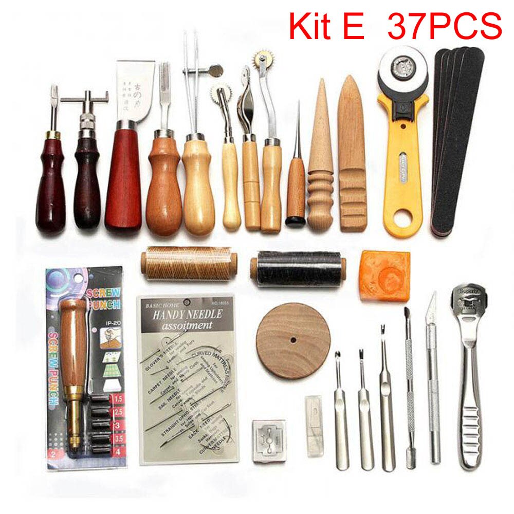 Sanbest Professionele Leer Hobbygereedschappen Kit Hand Naaien Stiksels Punch Carving Werk Gat Zadel Groover Set Accessoires Diy: Kit E 37pcs