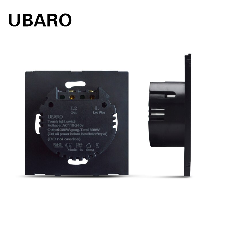 UBARO EU/UK Interruptor táctil de pared de cristal sin Material PC carcasa negra de 2 vías