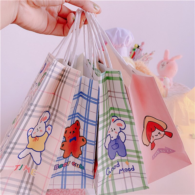 3pcs/lot Grid girl Bags Kraft Packaging Handle Paper Storage Bag for Wedding Candy Favor Bag With Handle Bag