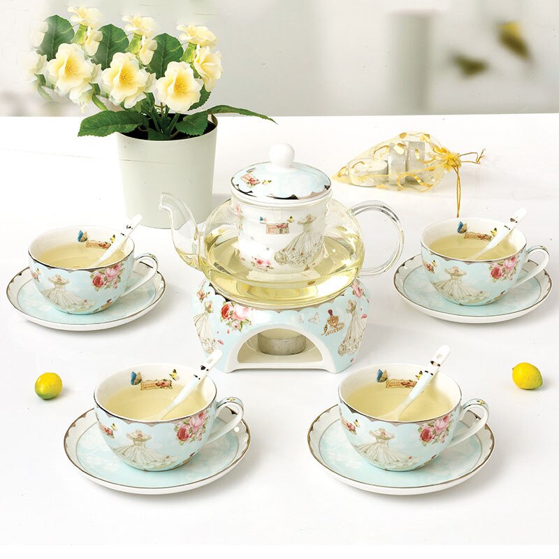 YeFine Ceramic 15 PCS Flower Tea Set British Afternoon Black Tea Set Heatable Glass Teapot Bone China Tea Cups And Saucers