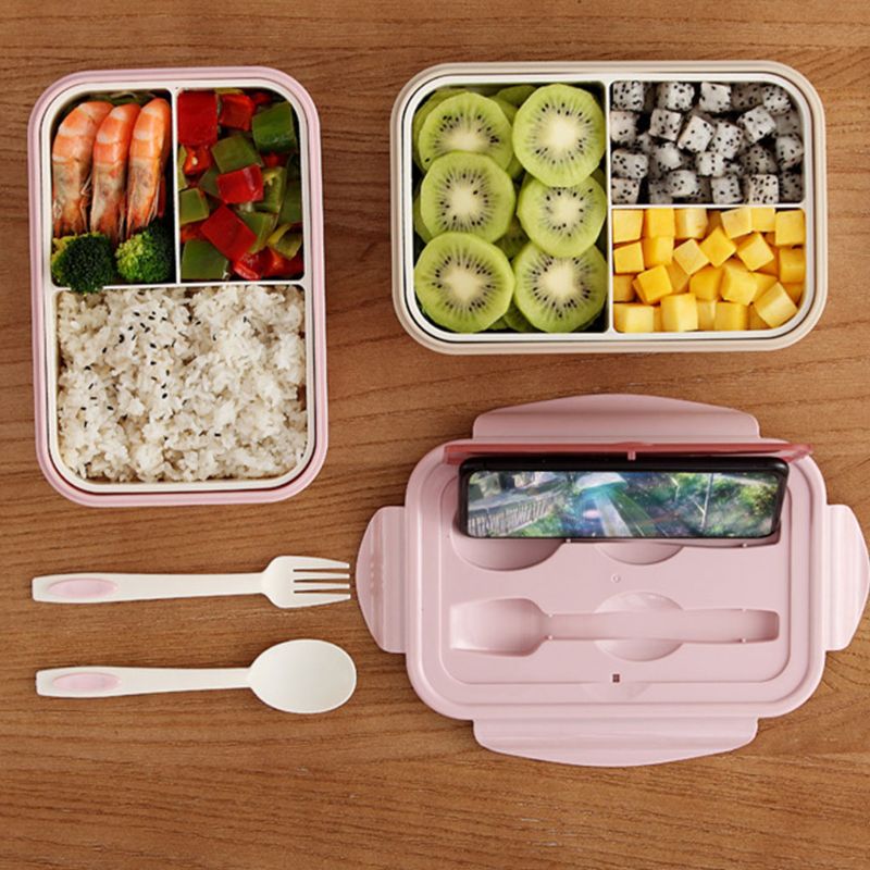 3 Grids Portable Rectangular Lunch Box with Tableware Durable Bento Case Container Storage Fat-reduced Breakfast School Office