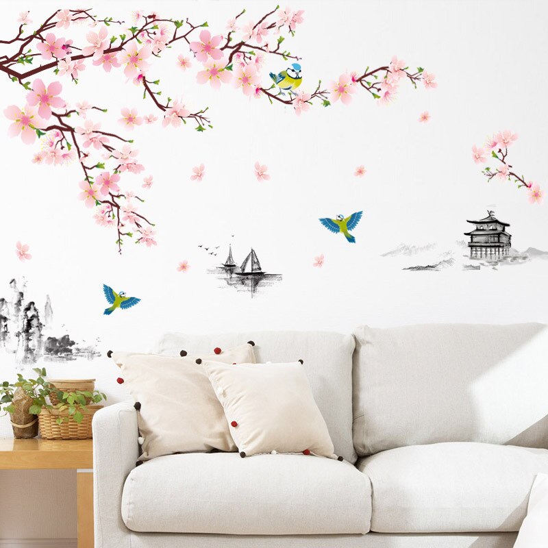 Trädgren och fågel 3d rosa avtagbara persika plommon körsbärsblomma blomma fjäril vinyl konstdekal vägg hem klistermärke rum dekor