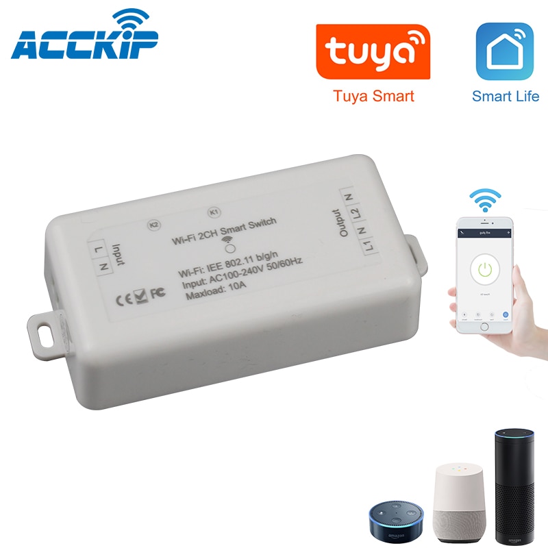ACCKIP 2 Weg Wifi Smart Licht Schalter Tuya APP Wireless Remote Voice Control Arbeitet mit Alexa Google 2 Kanäle Ciruit breaker