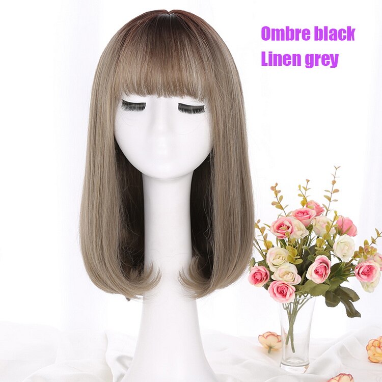 Yiyaobess, estilo coreano, peluca sintética de pelo medio largo de Bob con flequillo, raíces oscuras, pelo Ombre, lino, gris, pelucas de mujer rectas naturales: Black linen grey