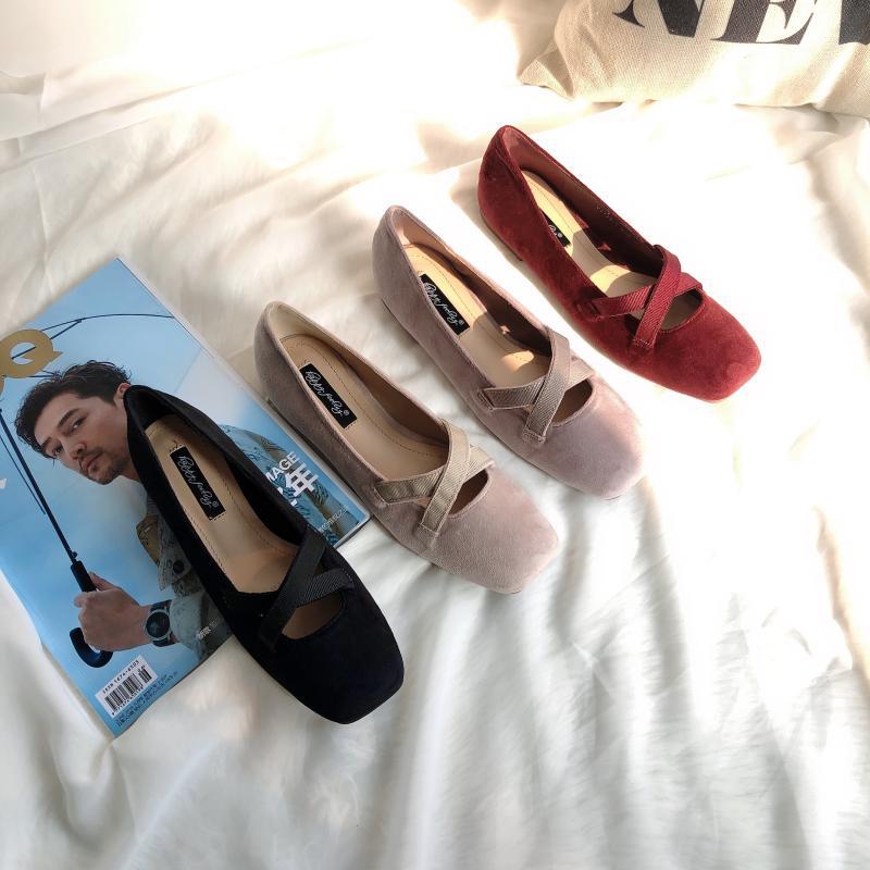 Piger pearl velvet flats nøgen pink balletsko solide elastiske krydsbånd loafers firkantet tå ballerina mokkasiner femme