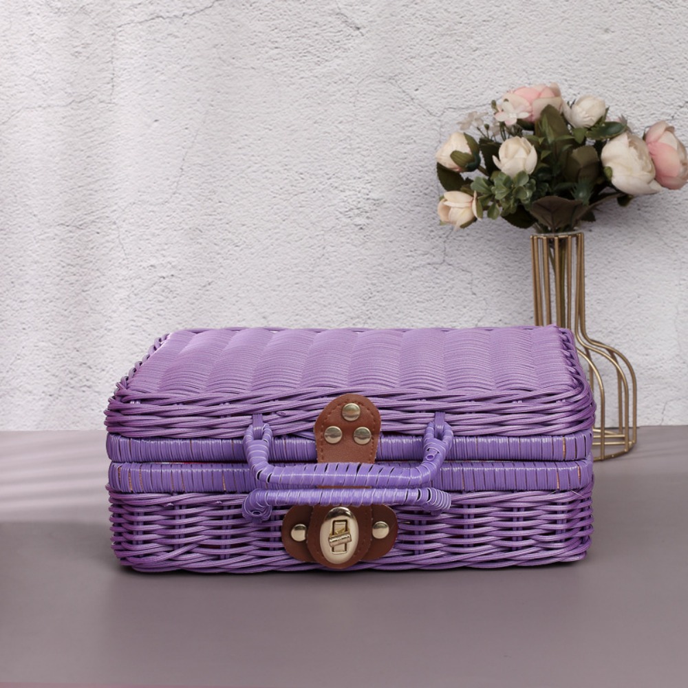 Caja de tejida, caja de almacenamiento de mimbre tejida de simulación, Retro con asa, maleta de boda, cestas tejidas para Picnic en el hogar, boda: Negro