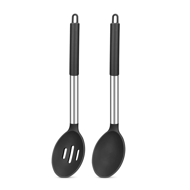 2-teiliges Silikon-Kochlöffel-Set mit Edelstahlgriff, Salat-Rührlöffel-Set, antihaftbeschichtete Kochutensilien, Küchenutensilien: Blau