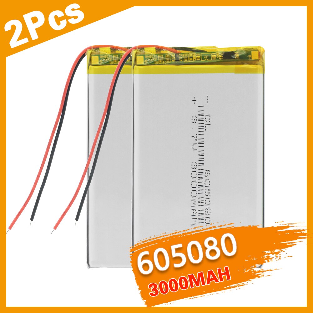 2PCS Lithium Polymer 605080 Model Battery 3.7V Li ion 3000mAH Large Capacity Cells Rechargeable Replacement for MP3 Player