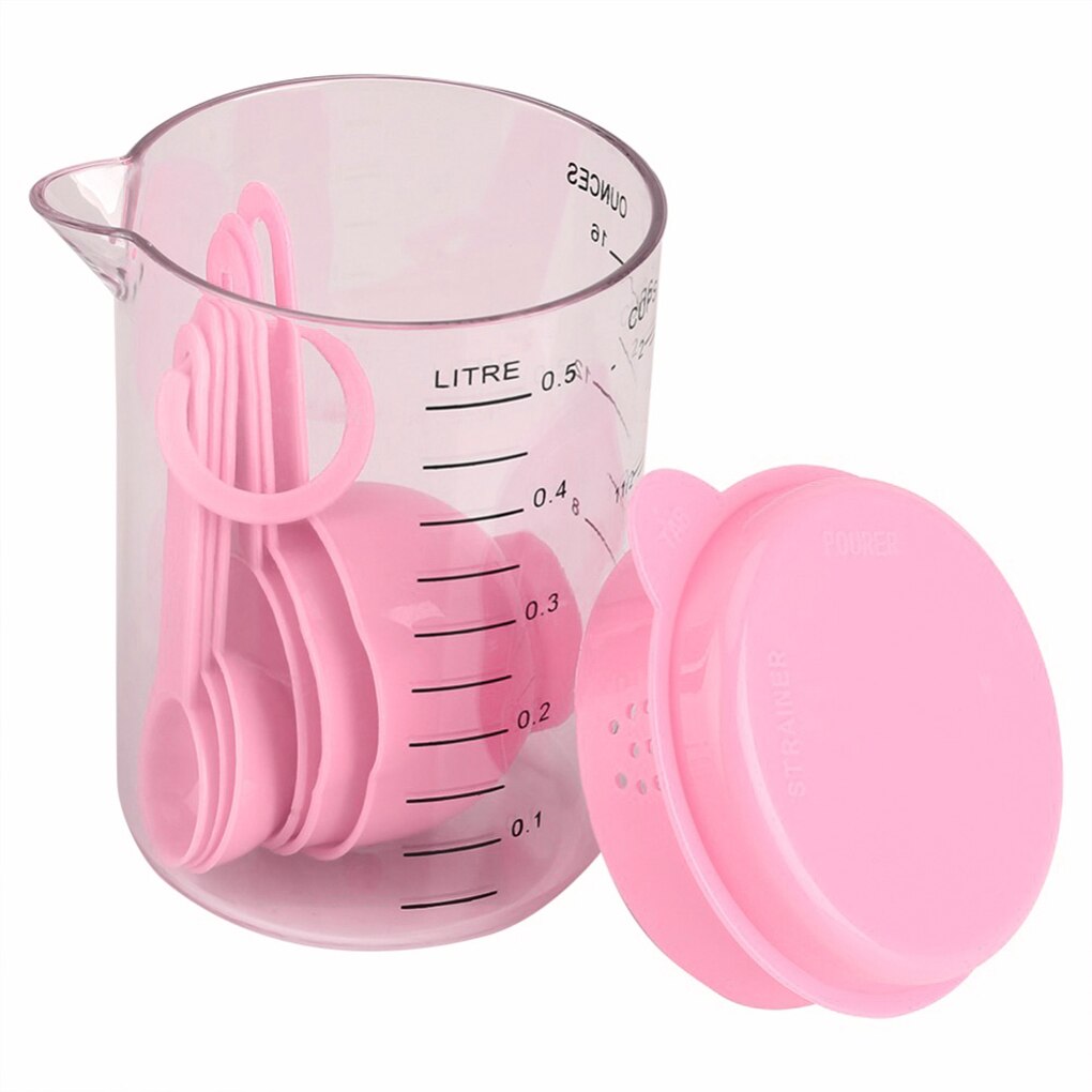 7 Pcs 2 Kleur Plastic Maatbekers En Maatlepel Scoop Handvat Keuken Meten Tool Voor Keuken Bakken Koffie: Roze