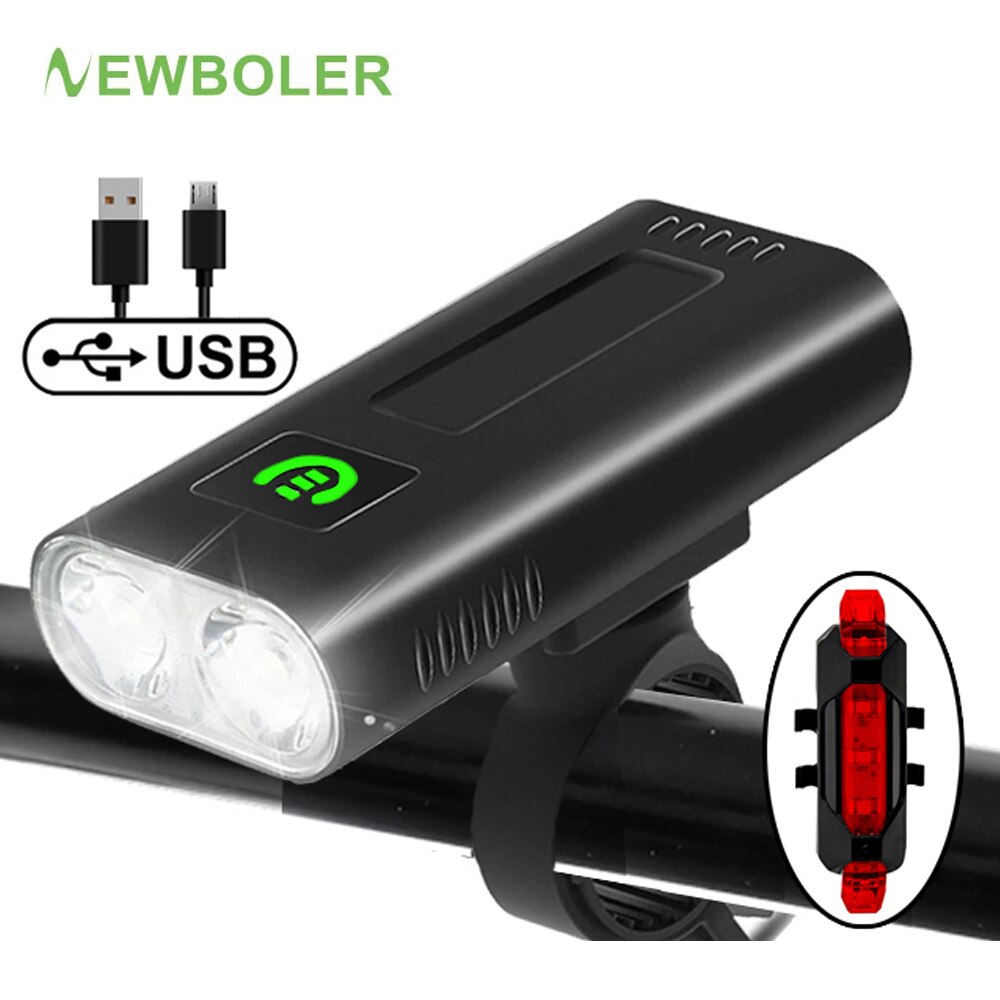 NEWBOLER-faro delantero para bicicleta de montaña, linterna de 1200 lúmenes, batería externa de 5200mAh, recargable vía USB, resistente al agua IPX5