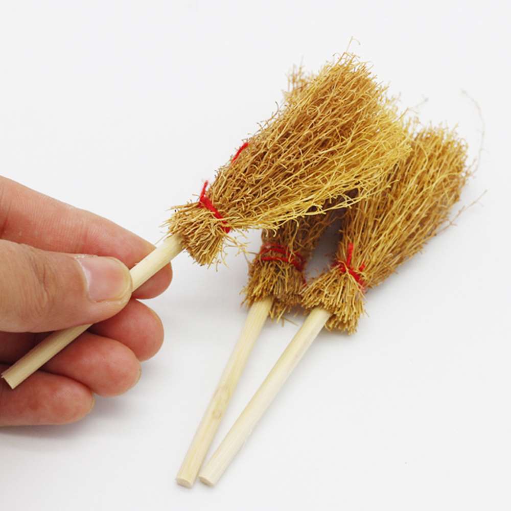 12pcs Mini Witch Broom Costume Hangings Decorations Toys With Red Rope Straw Broom Halloween Party Decoration