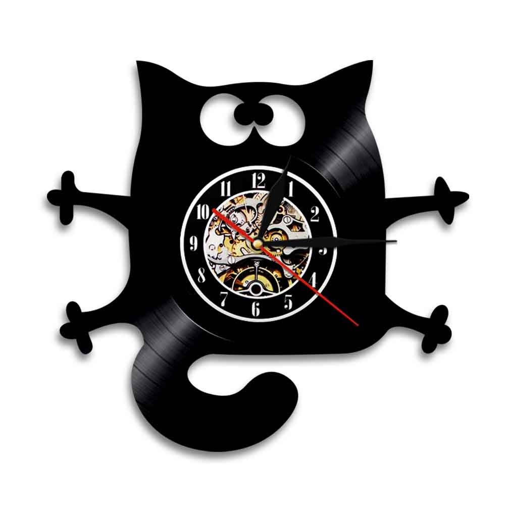 Cat Meow Wall Clock Funny Black Cat Home Decor Modern Vinyl Record Wall Clock Kitten Decorative Clock For Kitty Cat Lovers: Without LED