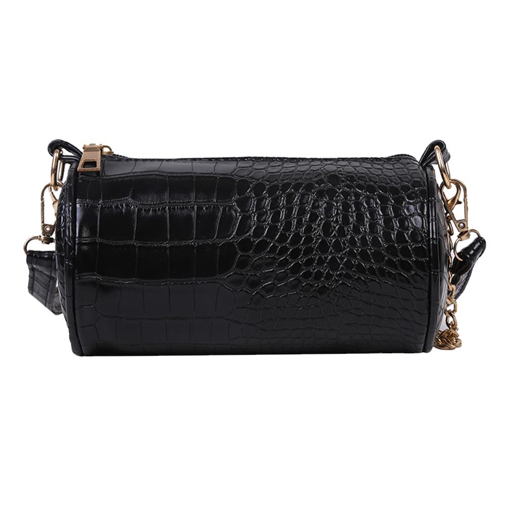 Bolso cruzado con forma de cilindro a la para mujer, Mini bolsa de hombro con cadena, de piel de cocodrilo, informal,: Black