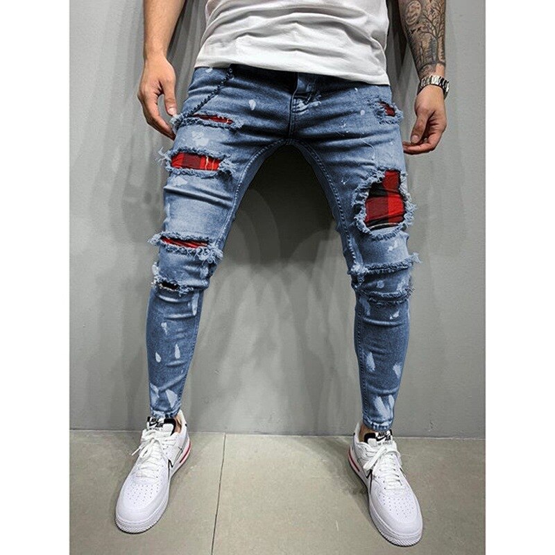 See zerrissene Jeans männer schlank passen Dünne Jeans Hüfte hüpfen Streetwear Patchwork Jeans Elastizität gotisch hosen männer: Blau / M