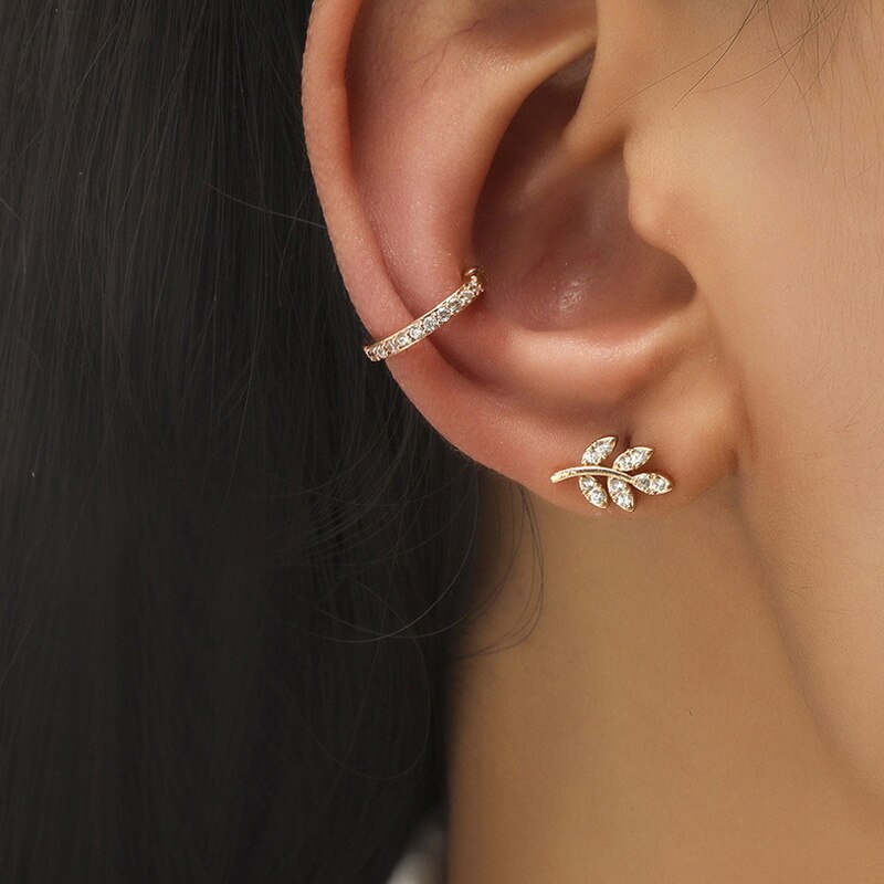1 Set Minimalistische Little C Cubic Zircon Kraakbeen Blad Oorbellen Clips Sets Voor Vrouwen Chic Street Stijl Oor Manchetten