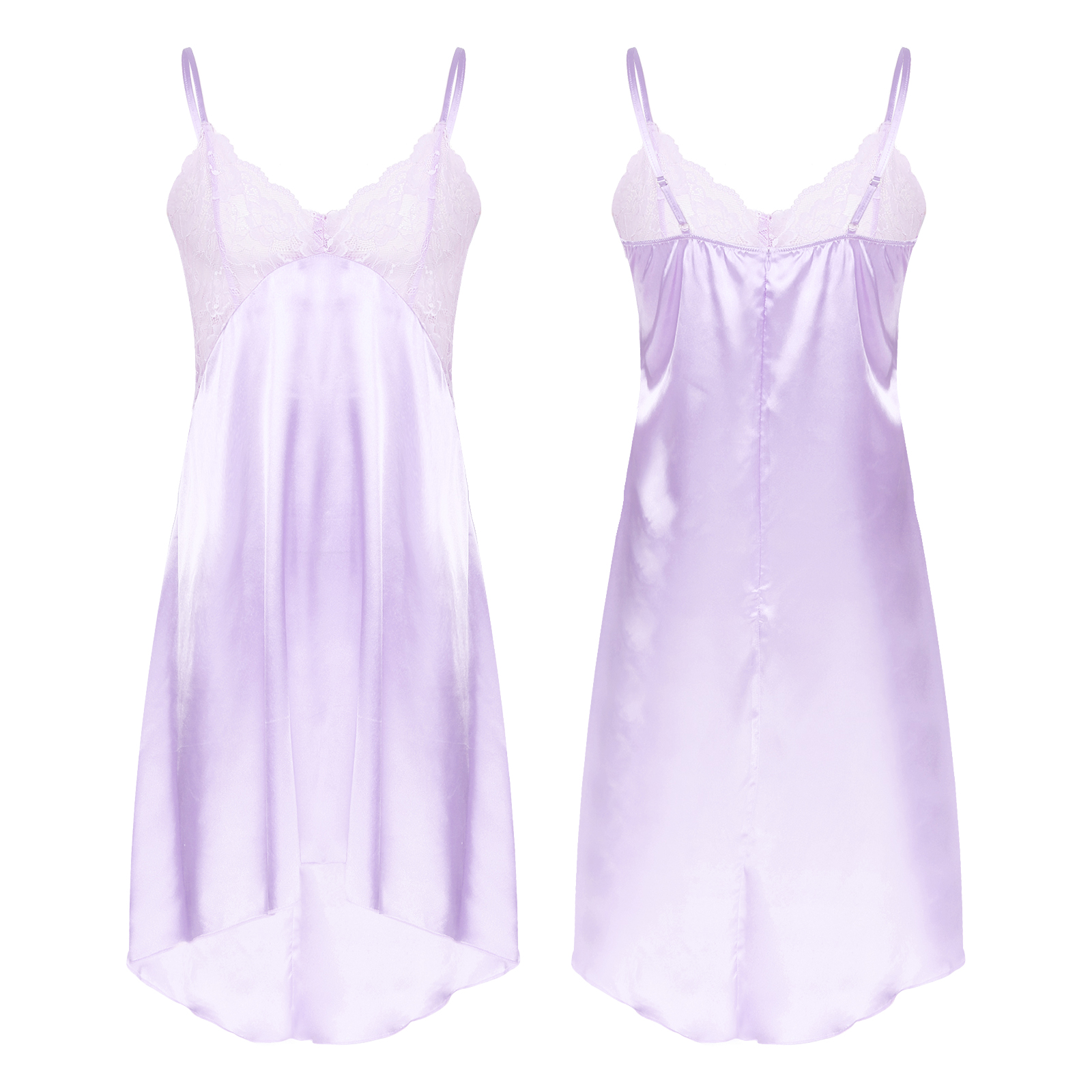 Herren Weichei Satin- Nachthemd überqueren-Dressing Nachtwäsche schier Spitze Kleid Patchwork Unregelmäßigen Saum Verstellbaren Trägern Kleid Nachtwäsche: L / Lila