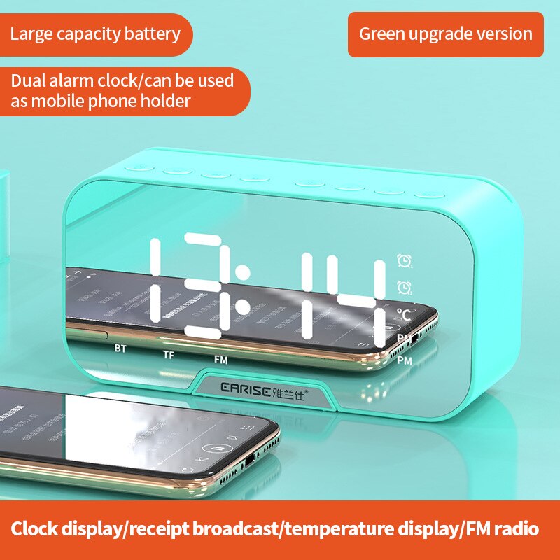 Multifunction Digital Clock Bluetooth Speaker With FM Radio Wireless Subwoofer Music Player Dual Alarm Clock LED Mirror Clocks: light blue