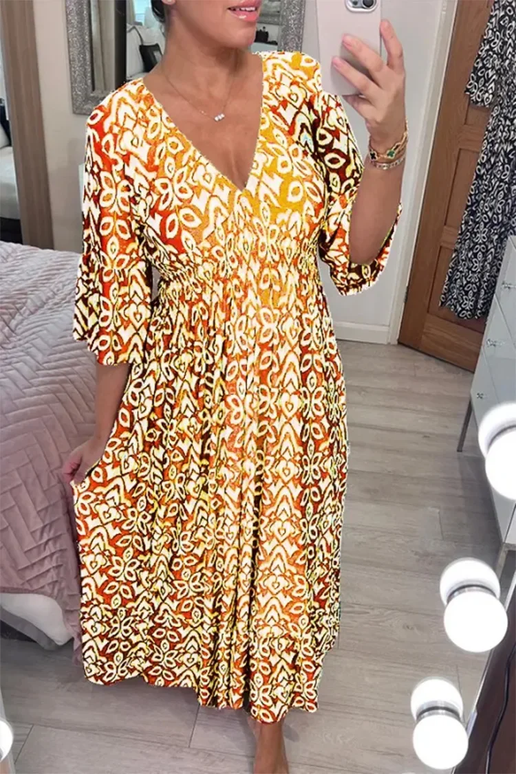 Sommerkjole for kvinner med blomsterprint, v-hals, fempunkts ermer, lang kjole, strandkjole, strandfestkjole: Xxl / Gul