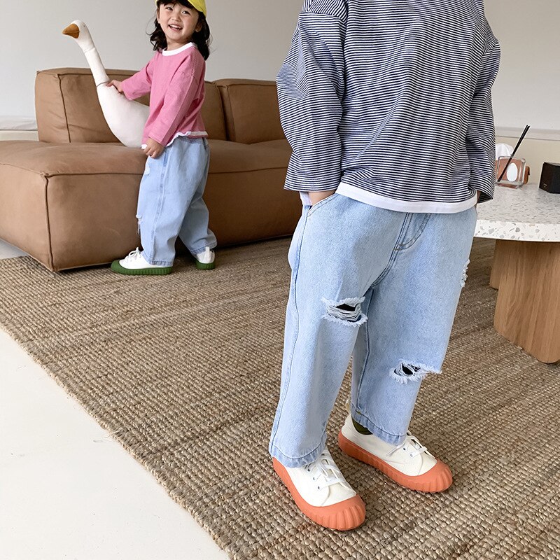 baby jeans vår høst skrog jeans til jenter låve bukser jeans uformelt løse bukser smålåve baby denim bukser 2 3 4 5 6 år