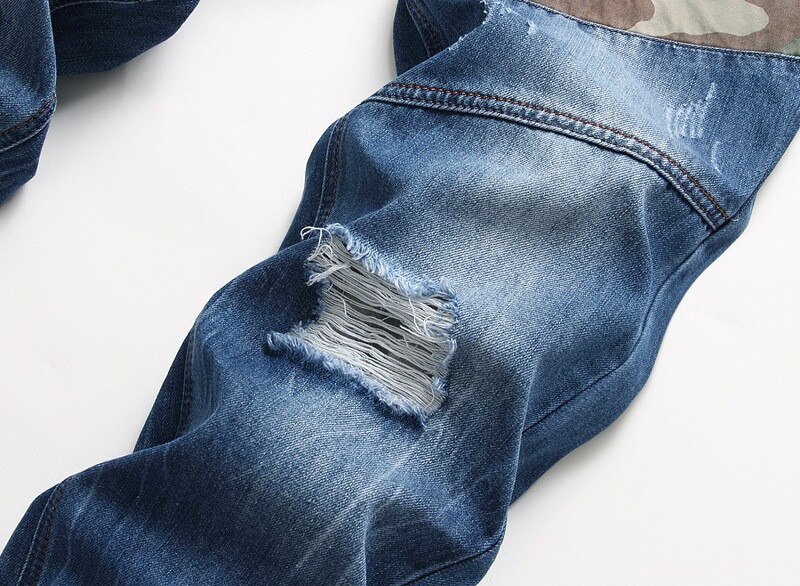 Kimsere herre revet jeansbukser med skrog lappet nedtrykt denim bukser kamuflasje lappeteppe pluss størrelse 29-42