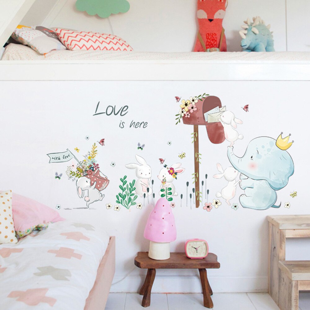 Cartoon Elephant Rabbit Animal Wall Stickers Kids Room Decoration Vinyl Wallpaper Baby Bedroom Wall Decals