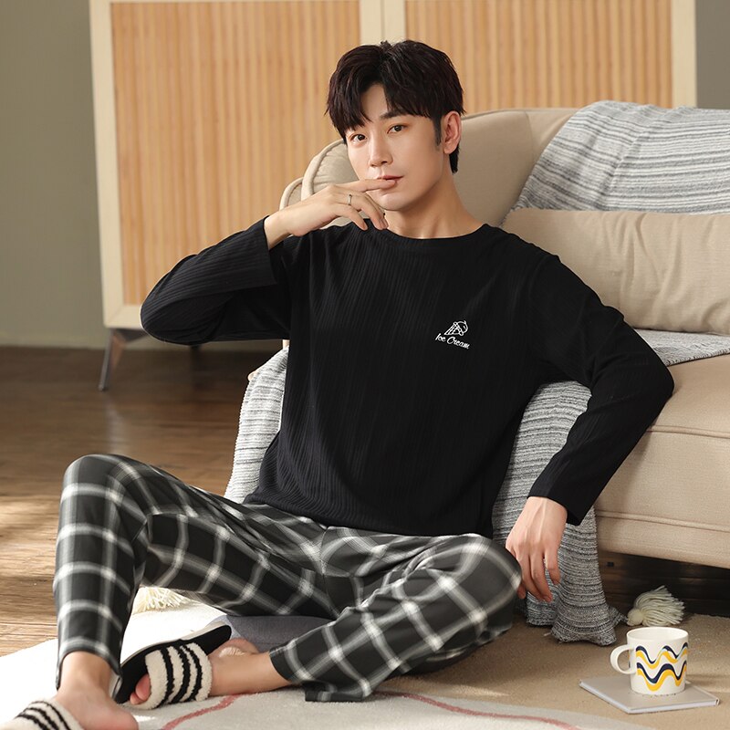 Spring Full Pure Cotton Men's Pajamas Sets Long Sleeve Tops Plaid Pants Pyjamas Male Casual Pijama Hombre Big Yards 4XL