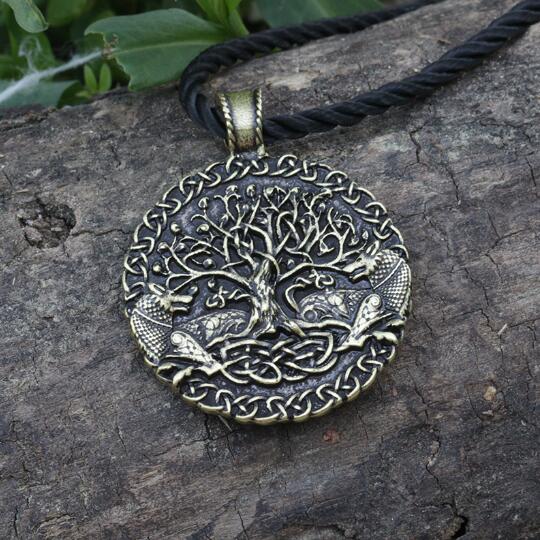 Lanseis 1 stks Twee wolven sigil opdracht Celt wolf hanger twee wolven levensboom en wereld boom sieraden viking mannen ketting: Messing Plated