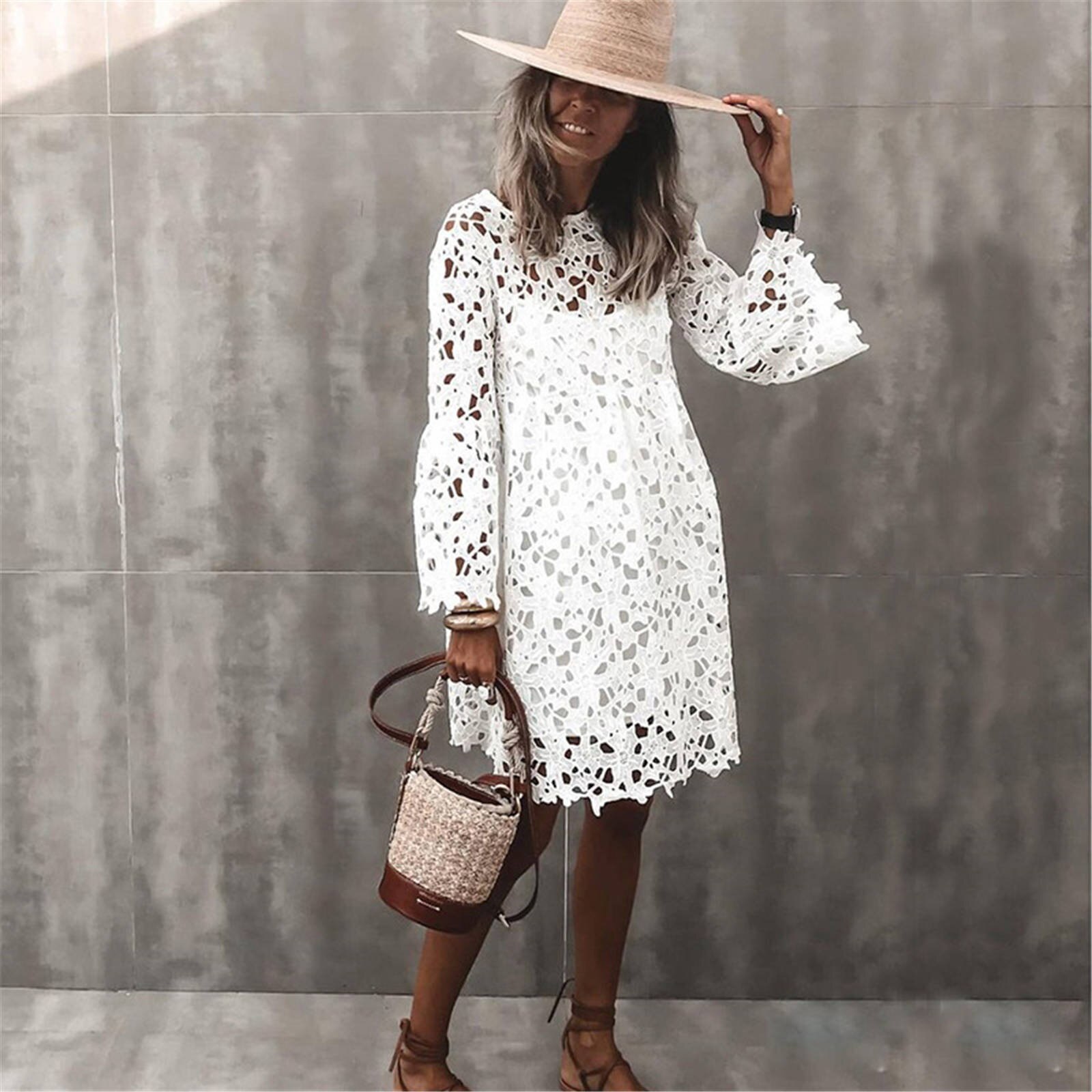 4# Summer Dress Round Neck Lace Trumpet Sleeve Ruffle Dress Long Sleeve Above Knee Mini Dress Robe Femme Платье Летнее