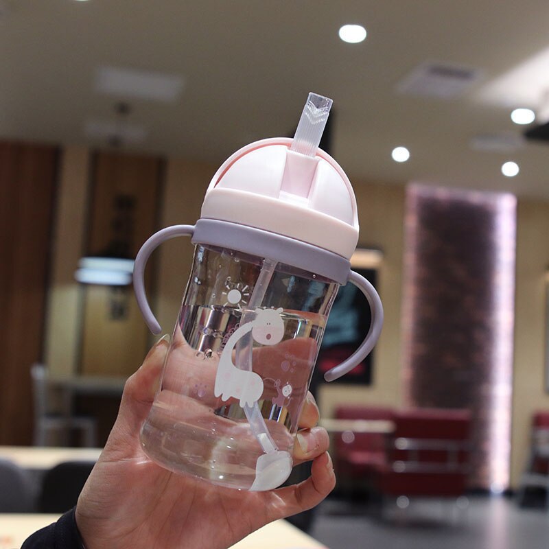 350ml Baby Feeding Cup with Straw Children Learn Feeding Drinking Bottle Kids Training Cup With Straw Taza De Bebe: 350ml Pink Handle