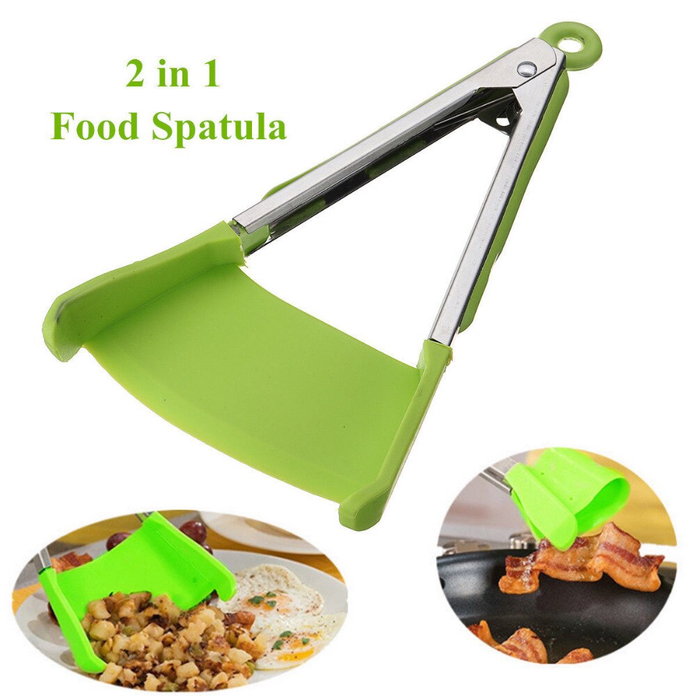 2 in 1 Smart Kitchen Spatula and Tongs Non-Stick Heat Resistant Stainless Steel Frame Silicone Tongs Kitchen Gadget