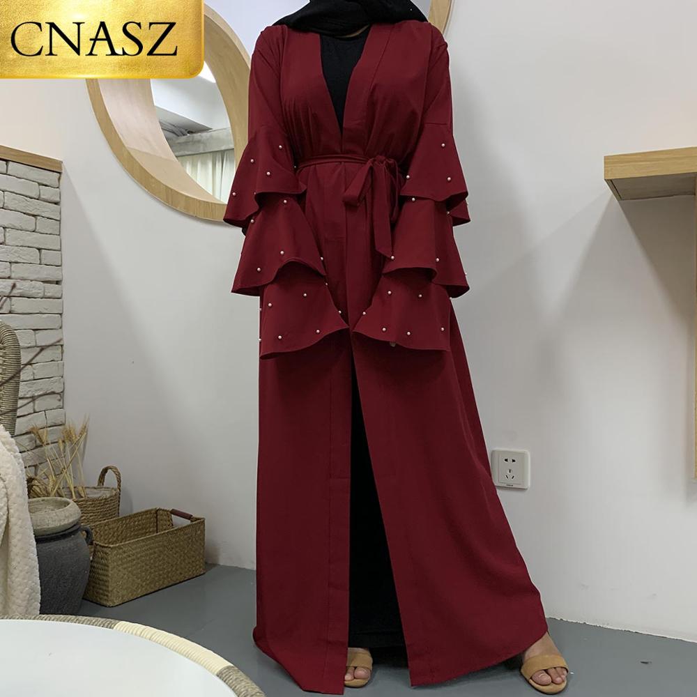 Bescheiden Mode Eenvoudige Zwarte Parel Kimono Moslim Islamitische Kleding Model Abaya In Dubai