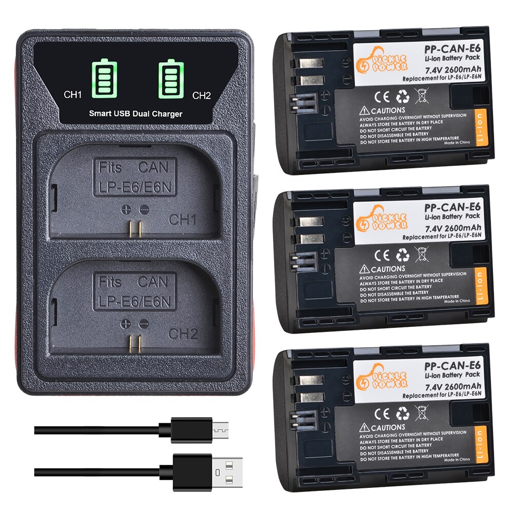 LP-E6 LP E6 LPE6 LPE6N batería + LED construido-en el cargador Dual USB para Canon EOS 5D 6D 7D 60D 70D 80D Mark II Mark III: 3 battery 1 charger