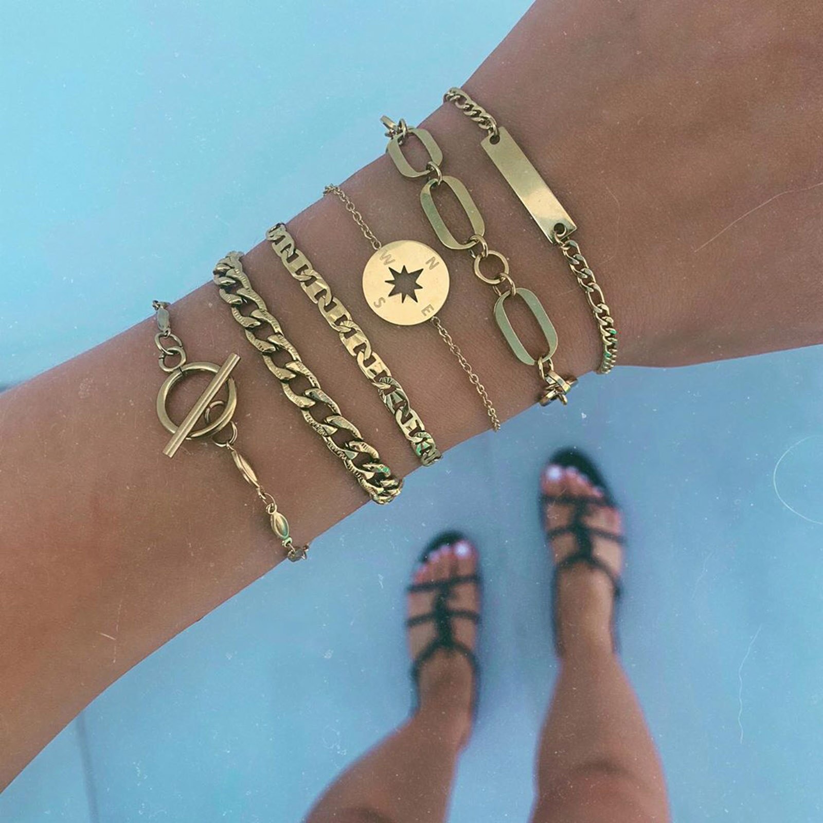 6Pcs Vrouwen Ketting Armbanden Goud Kleur Geometrische Kompas Charms Punk Stijl Armbanden Voor Vrouwen Partij Sieraden