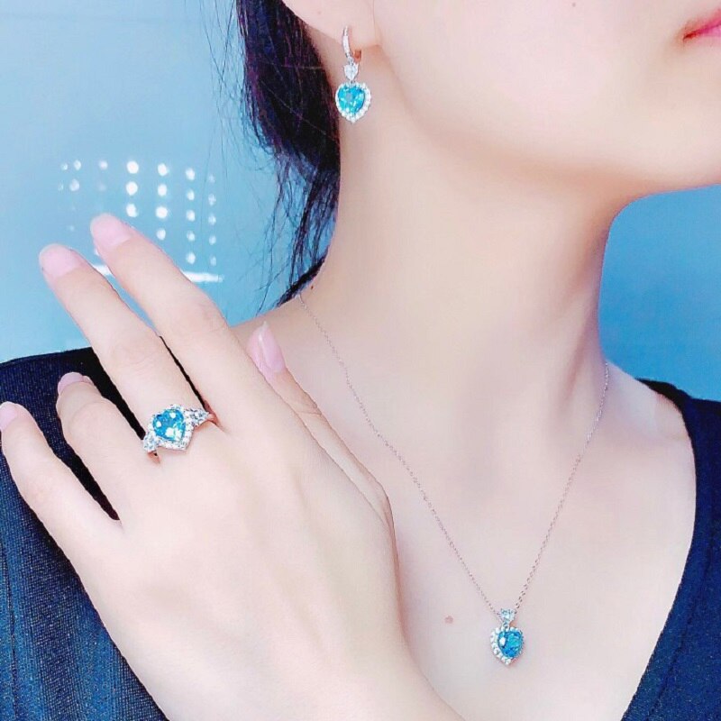 Qtt Stunning Heart Blue Zirconia Sieraden Set Zilver Kleur Ketting Ring Oorbellen Sets Delicate Bruiloft Sieraden Set