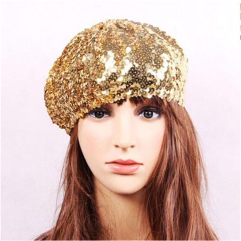 Multicolor Sequin Hat Berets Women Girls Shinny sequined Beret Ladies School girl Preppy style casual hats caps: Gold