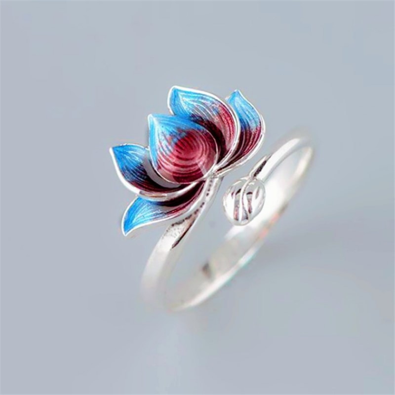 Nouveauté ethnique plante Lotus réglable anneaux pour femmes dames 925 en argent Sterling coloré émail anneau