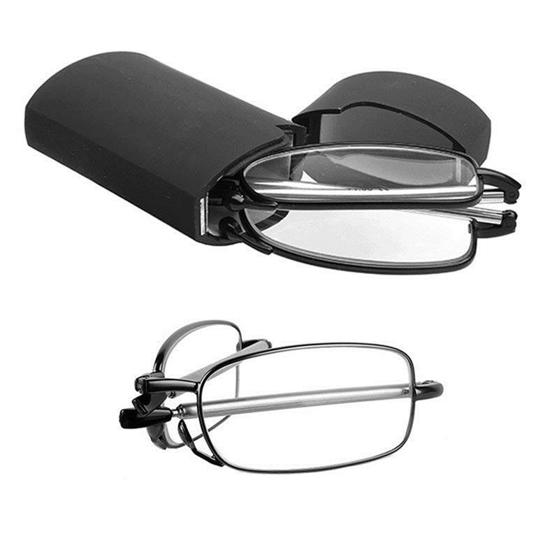 Mannen Vrouwen Mini Leesbril Vouwen Kleine Brilmontuur Zwarte Metalen Bril Met Doos: + 1.5/+ 2.0/+ 2.5