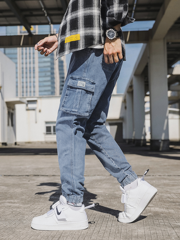 Vårhöst herrjeans med flera fickor, arbetskläder, cargobyxor, svarta blå, resår i midjan, joggingbyxor i stora storlekar, jeansbyxor 8xl: 7xl / Blå