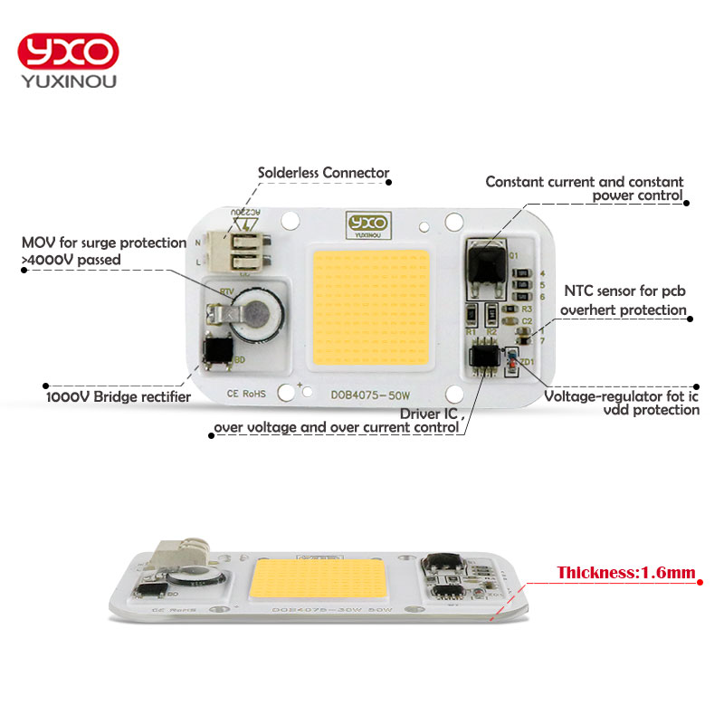 YXO YUXINOU DOB LED COB Chip 50W 40W 30W 20W 10W AC 220V No necesita controlador lámpara de bombilla IC inteligente para reflector LED DIY