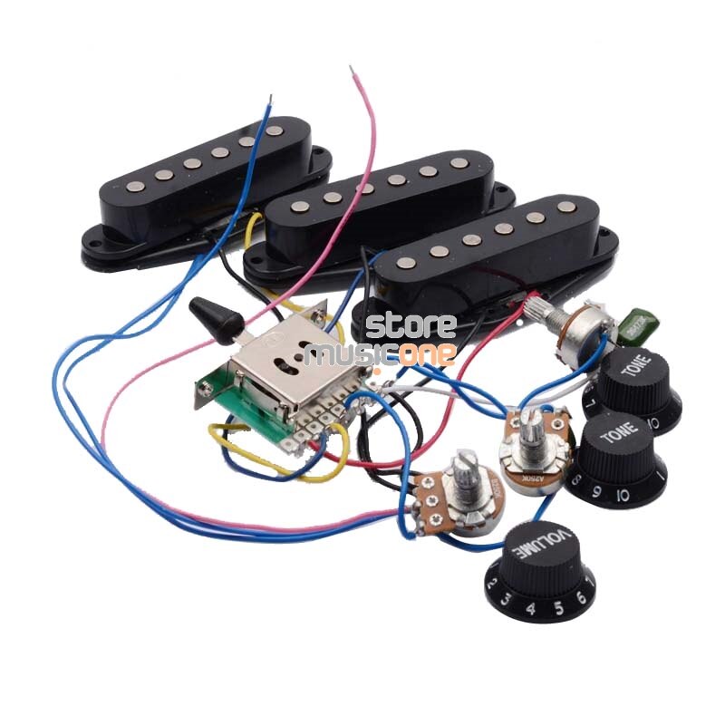 Electric Guitar Pickup Wiring Harness Prewired 5-way Switch 2T1V SSS Pickup for ST Electric Guitar Black-White: Black