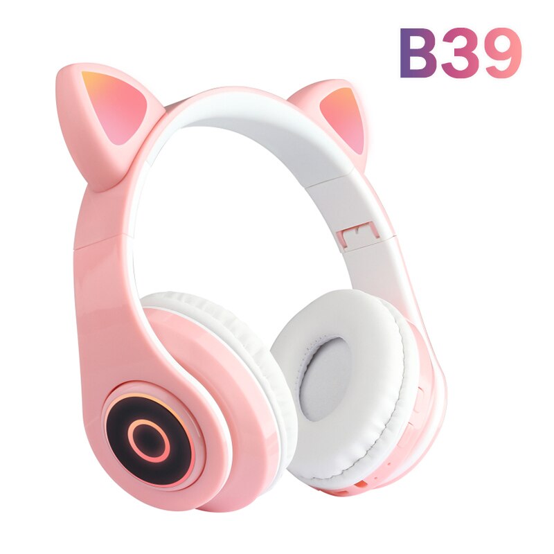 Cute Cat Ear Headphones Wireless Bluetooth 5.0 Adults Kids Girls Glowing LED Headset Support TF Card With Mic for: 04 pink B39