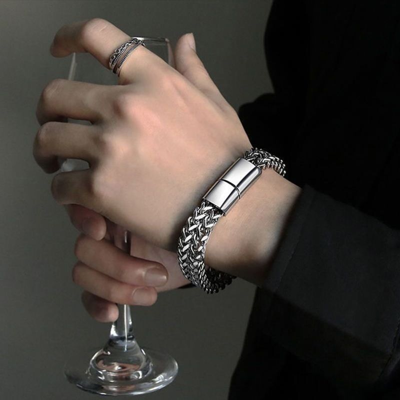 Pulseira cubana de fileira dupla de aço inoxidável com fecho magnético de metal para homens moda casual esportes motociclista joias presente